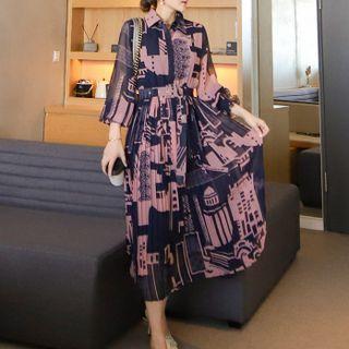 Print Belted Midi A-line Shirt Dress