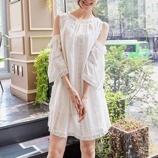 Elbow-sleeve Cutout-shoulder Crochet-trim Dress