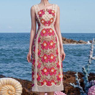 Sleeveless Floral Midi A-line Party Dress