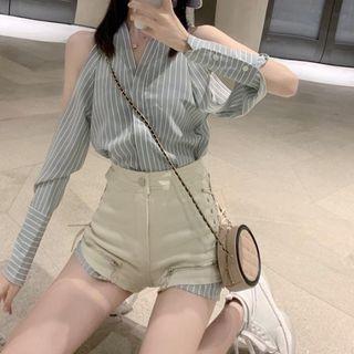 Striped Cold-shoulder Blouse / High-waist Shorts