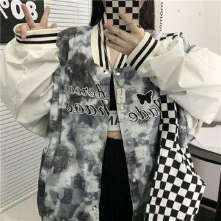 Long Sleeve Contrast Trim Tie Dye Letter Print Baseball Jacket