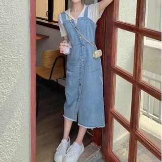 Short-sleeve Top / Denim Midi Overall Dress