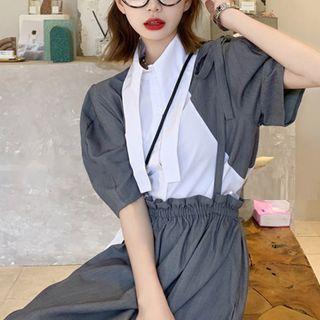 Puff-sleeve Two-tone Blouse / Plain Overall Dress
