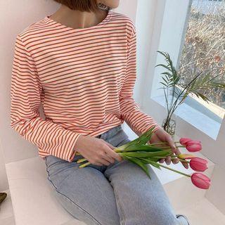 Round-neck Stripe T-shirt Orange - One Size