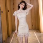 Short-sleeve Lace Ruffled Mini Sheath Dress