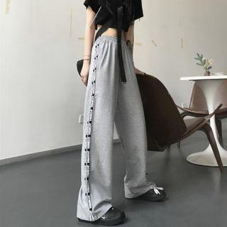 Elastic-waist Lettering Trim Straight Leg Pants