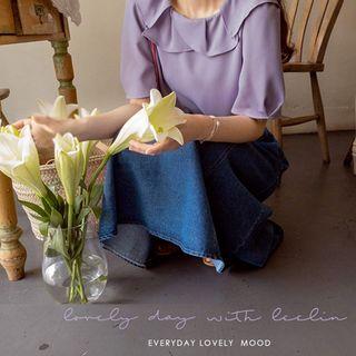 Layered-collar Puff-sleeve Blouse Purple - One Size