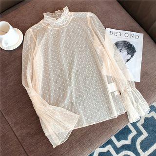 Sheer Mock Neck Dotted Mesh Blouse