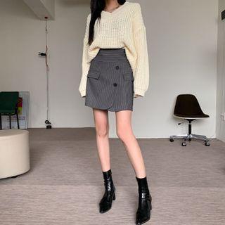 Faux-pocket Stripe Mini Wrap Skirt