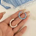 Faux Pearl & Alloy Asymmetrical Open Hoop Earring 1 Pair - 925 Silver - Blue & White - One Size