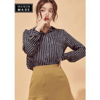 Notched-collar Stripe Satin Shirt