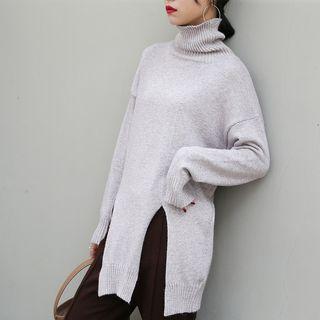 Turtleneck Slit-hem Plain Sweater