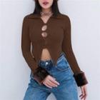Long-sleeve Collared Fluffy Trim Crop Top