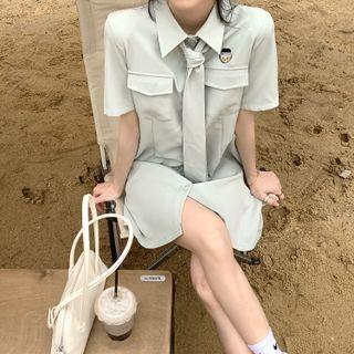 Short-sleeve Bear Embroidered Shirt Dress