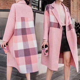 Long Notch-lapel Plaid Panel Double-breasted Coat
