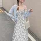 Spaghetti Strap Floral Print A-line Dress / Frill Trim Cardigan / Set