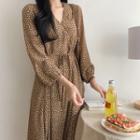 Long-sleeve V-neck Dotted Midi A-line Dress