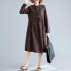 Striped Embroidered Stand-collar Long-sleeve Dress