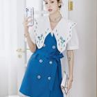 Short Sleeve Floral Collar Double Breasted Mock Two Piece Dress
