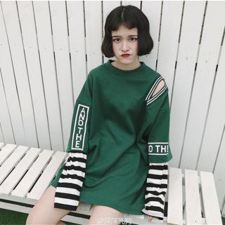 Cutout Shoulder Long Sleeve Striped Panel T-shirt