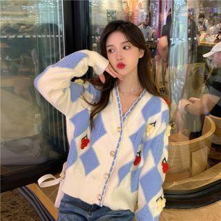 Fruit-accent Argyle Cardigan