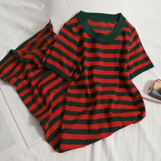 Short-sleeve Striped Knit Midi Dress Stripes - Red & Green - One Size