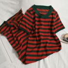 Short-sleeve Striped Knit Midi Dress Stripes - Red & Green - One Size