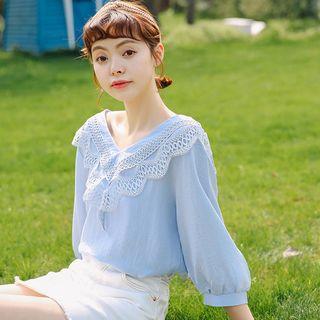3/4-sleeve Crochet Trim V-neck Blouse