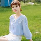 3/4-sleeve Crochet Trim V-neck Blouse