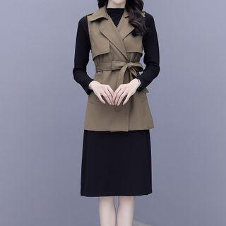 Set: Long-sleeve Plain Midi Dress + Vest
