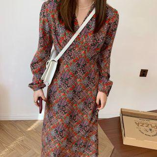 Long-sleeve Floral Print Midi A-line Dress Red & Green & Pink - One Size