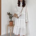 Long-sleeve Mock-neck A-line Midi Dress White - One Size