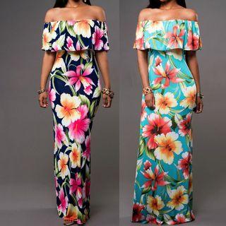 Off-shoulder Floral Sheath Maxi Dress