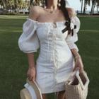 Puff-sleeve Off-shoulder Lace-up Mini Dress