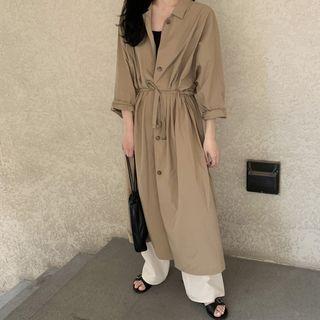 Long-sleeve Drawstring Waist Long Shirt