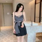 Sheer Panel Shirred Drawstring Camisole / High-waist Pleated Skirt