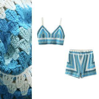 Set: Crochet Knit Crop Camisole + Shorts