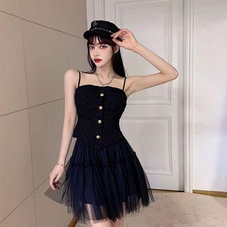 Button-up Camisole Top / Mesh Mini A-line Skirt