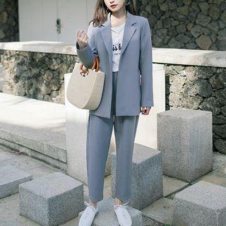 Set: Plain Notch Lapel Blazer + Straight Cut Pants