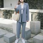 Set: Plain Notch Lapel Blazer + Straight Cut Pants