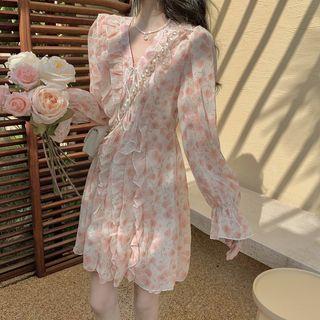 Long-sleeve Floral A-line Dress Floral - White - One Size