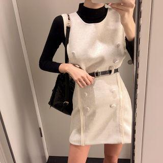 Set: Knit Top + Buttoned Belted Vest + Miniskirt