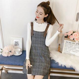 Set: Wave Edge Knit Top + Plaid Pinafore Dress