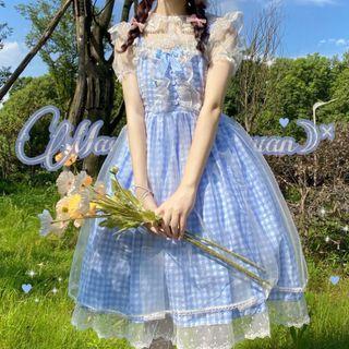 Short-sleeve Plaid A-line Dress / Lace Top