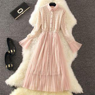 Patterned Panel Collared Long Sleeve Mesh Dress
