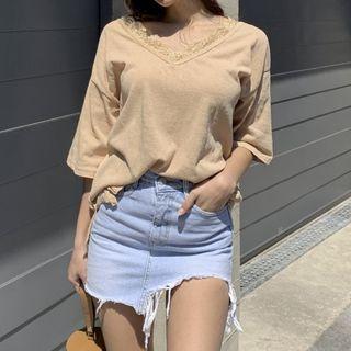 High-waist Frayed Distressed A-line Denim Skirt