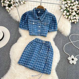 Set: Short Sleeve Houndstooth Denim Shirt + Slit Mini Skirt