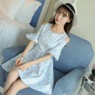 Floral Print Cut Out Shoulder Elbow Sleeve A-line Dress