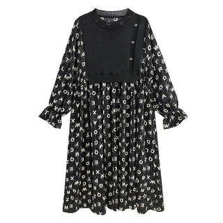 Long-sleeve Lettering Knit A-line Dress Letters - One Size