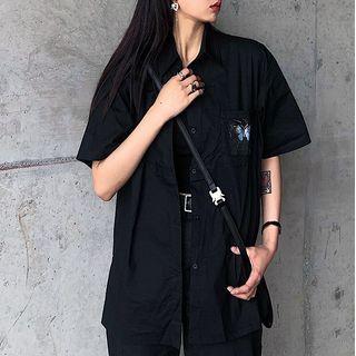 Short-sleeve Butterfly Print Shirt Black - One Size
